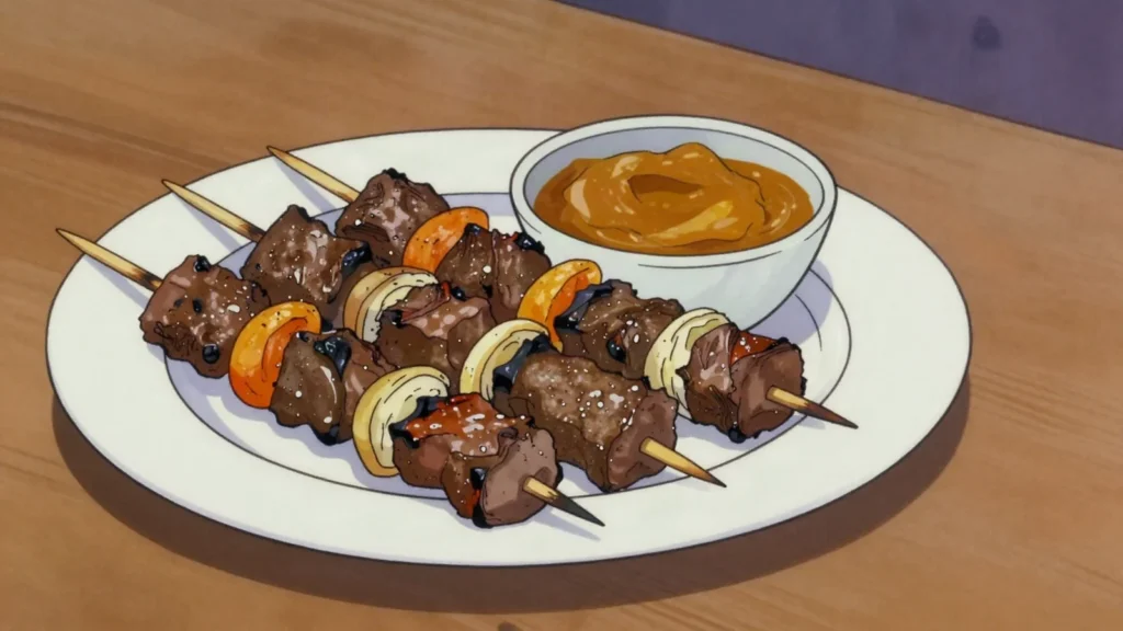 Sosaties, cape Malay lamb skewers marinated in curry and apricot, South Africa main, anime style