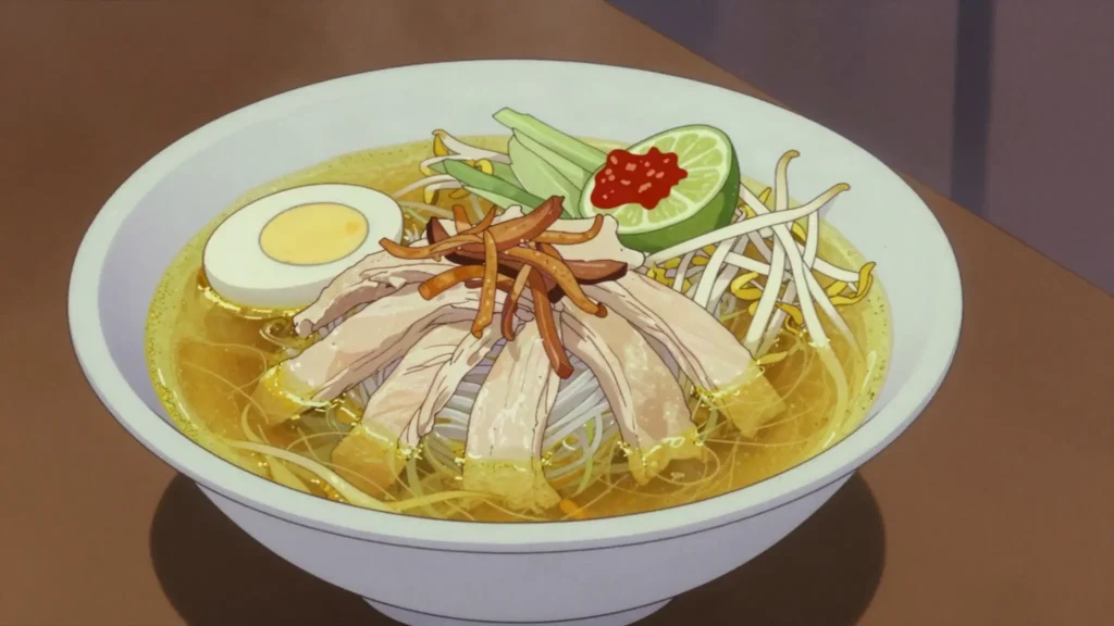 Soto Ayam, turmeric chicken soup with vermicelli, egg and sambal, Indonesia soup & stew, anime style