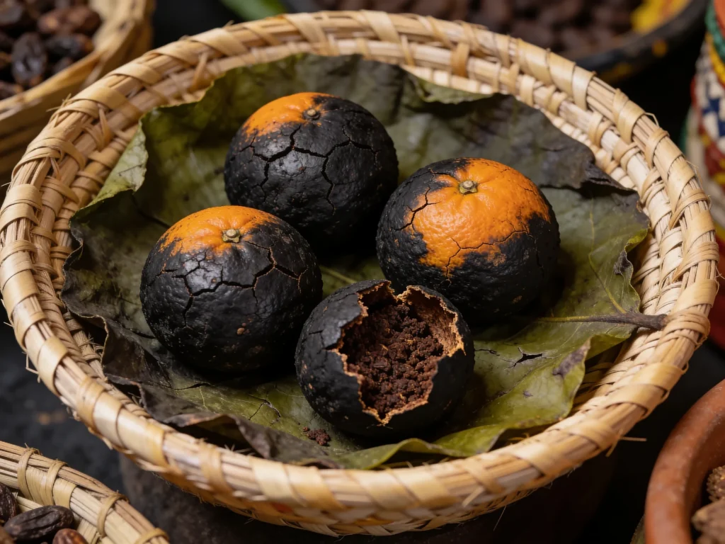 Soumbala, pungent black balls of fermented locust bean, crumbled into every, Burkina Faso fermented & pickled, anime style