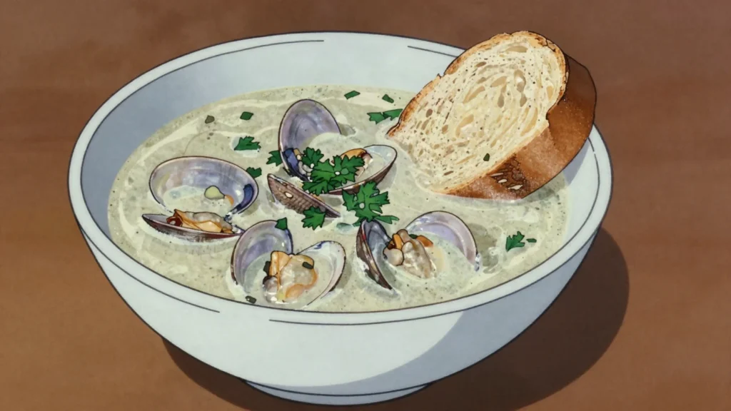 Soup tektek, broth of tiny wedge clams with garlic, thyme and a little cream, Seychelles soup & stew, anime style