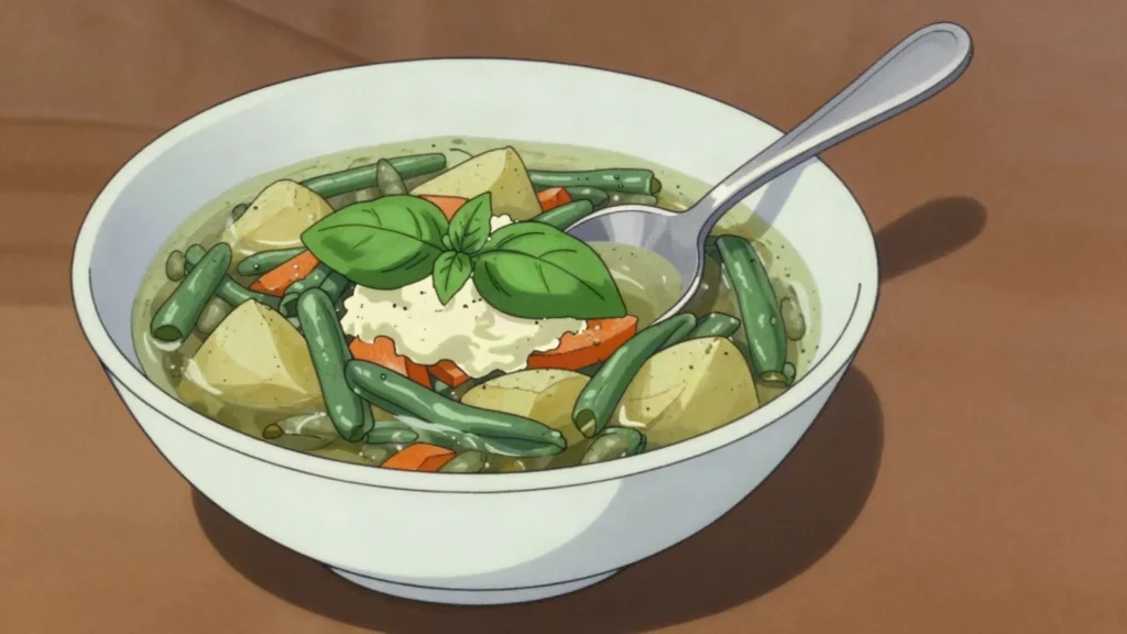 Soupe au pistou, summer vegetable and bean soup finished with basil and garlic, Monaco soup & stew, anime style