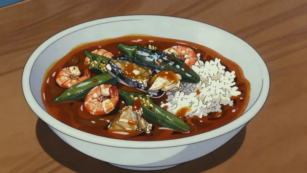 Soupou kandia, okra and palm-oil stew with fish and seafood, over rice, Senegal soup & stew, anime style