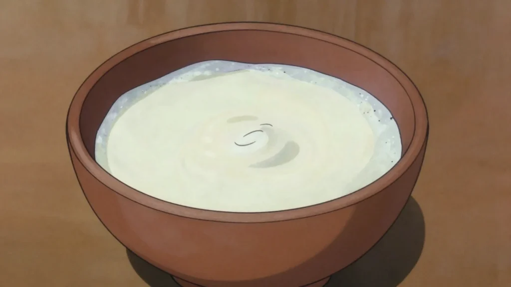 Sour milk, cow's milk soured in gourds, drunk plain or stirred into porridge, South Sudan cheese & dairy, anime style