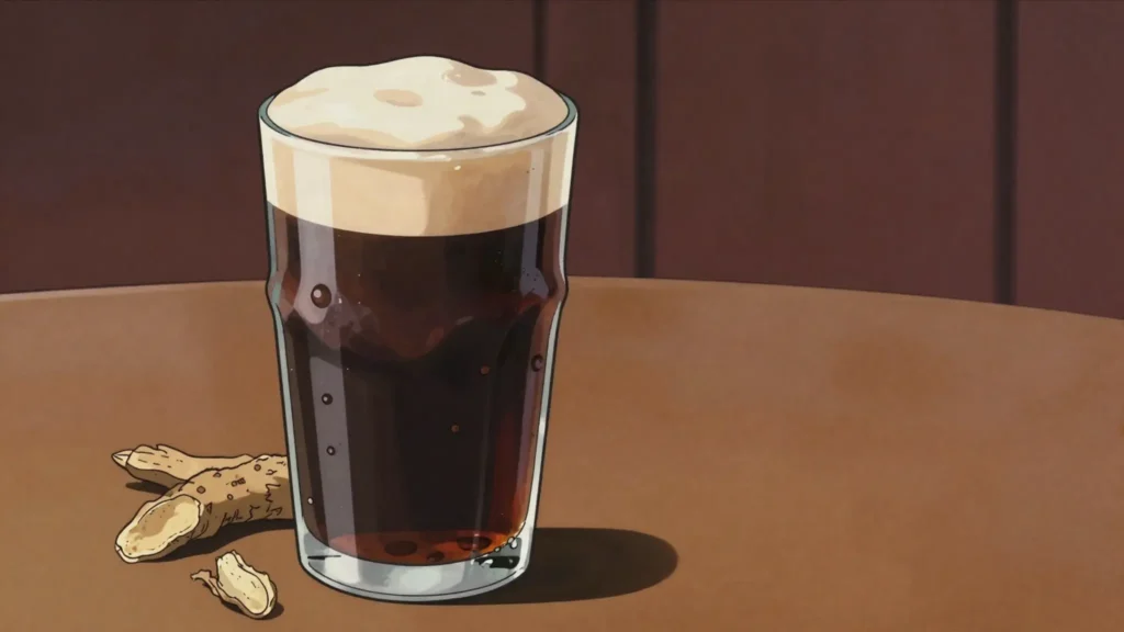 Sous, bitter-sweet liquorice root infusion served ice cold and foaming, Jordan drink, anime style