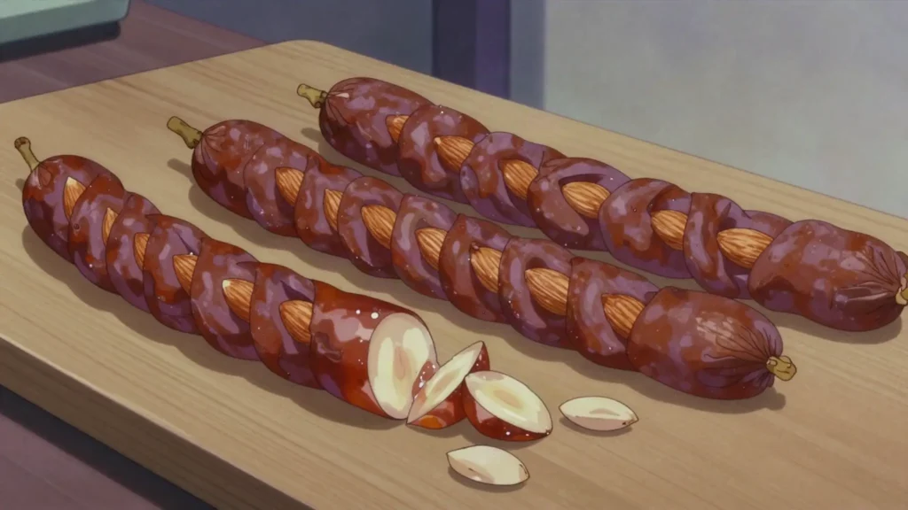 Soutzoukos, almond strings repeatedly dipped in set grape must, Cyprus snack, anime style