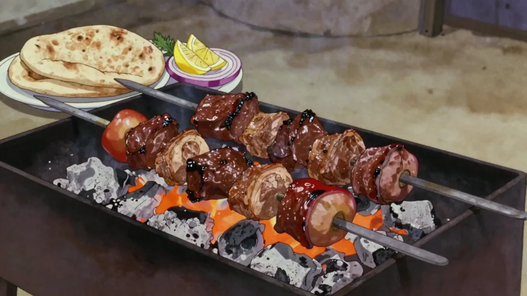 Souvla, large chunks of pork or lamb turned slowly over charcoal, Cyprus main, anime style