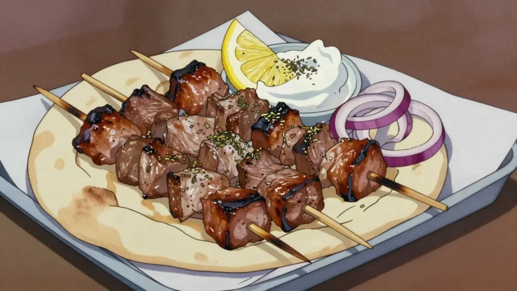 Souvlaki, charcoal pork skewers with pita and tzatziki, Greece street food, anime style