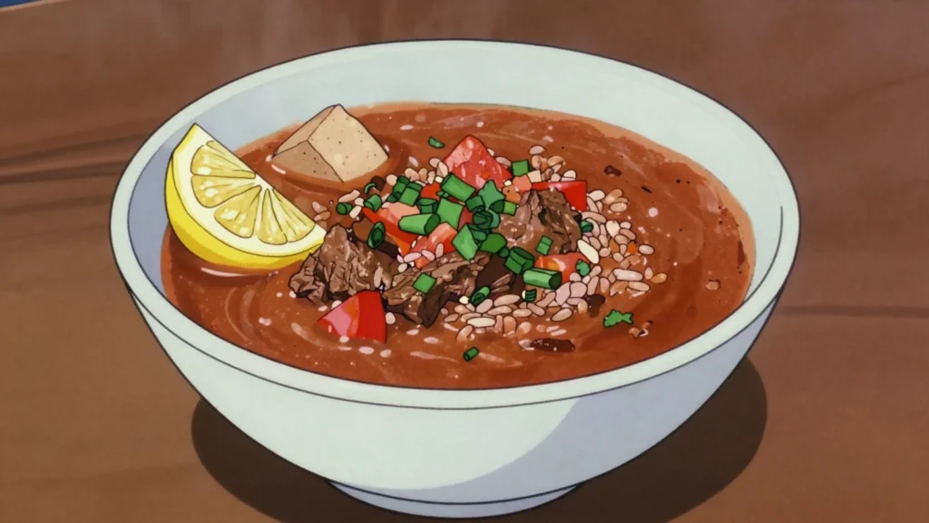 Soyo, comforting soup of pounded beef, tomato and rice, Paraguay soup & stew, anime style