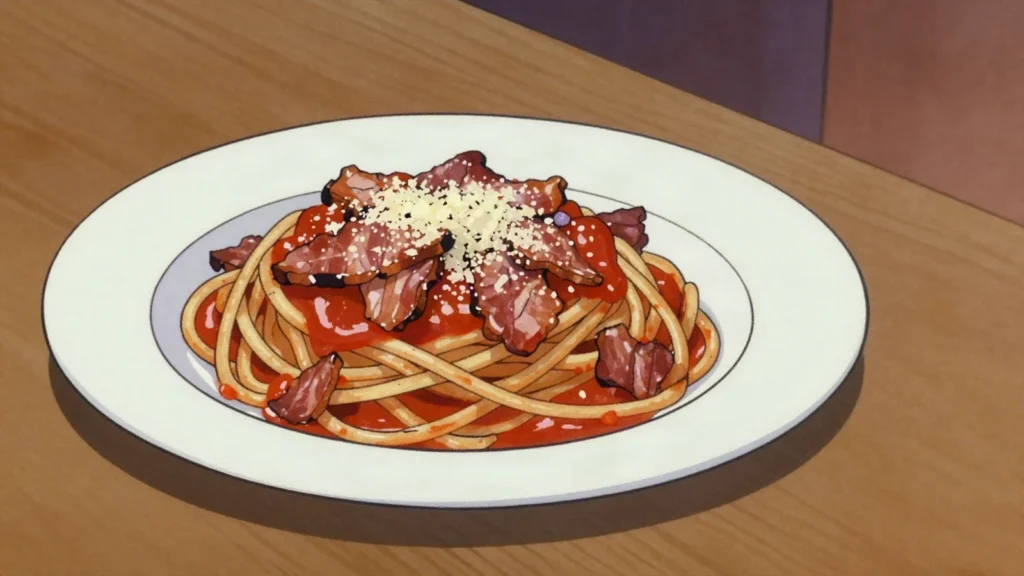 Spaghetti all'amatriciana, guanciale, tomato and pecorino pasta, Roman staple, Vatican City main, anime style
