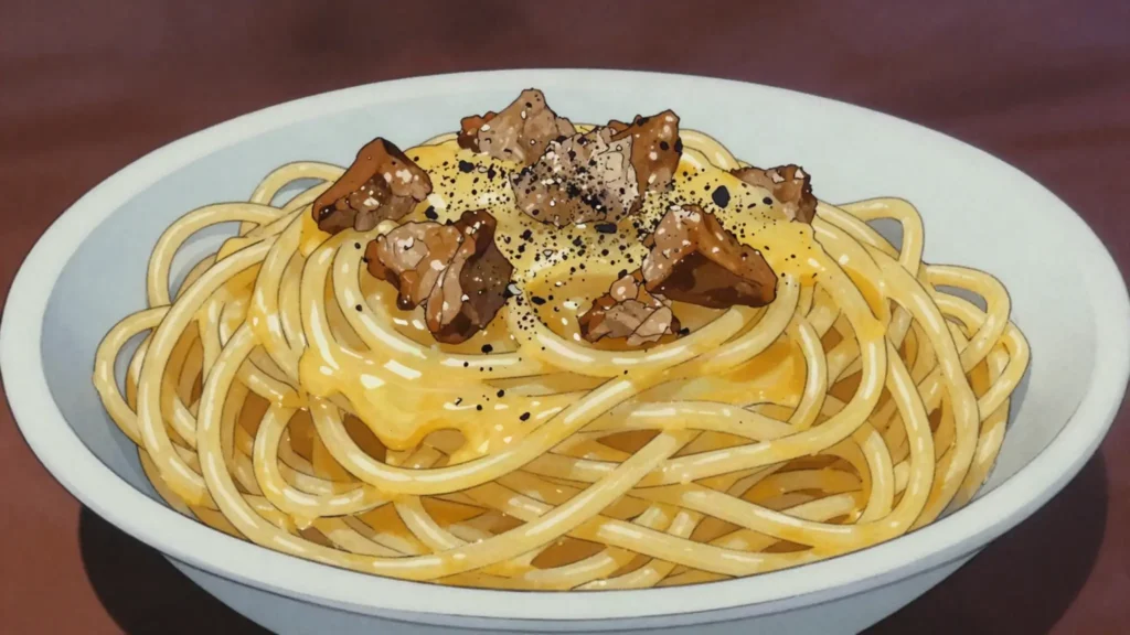 Spaghetti alla carbonara, guanciale, egg, pecorino and black pepper; never cream, Italy main, anime style