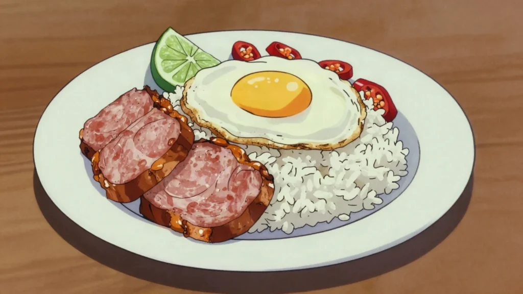Spam, tinned spiced pork fried in slices and eaten with rice, Nauru charcuterie & cured, anime style