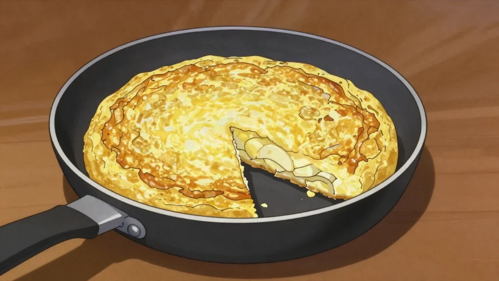 Spanish omelette, thick potato-onion omelette served in wedges or bocadillos, Spain main, anime style