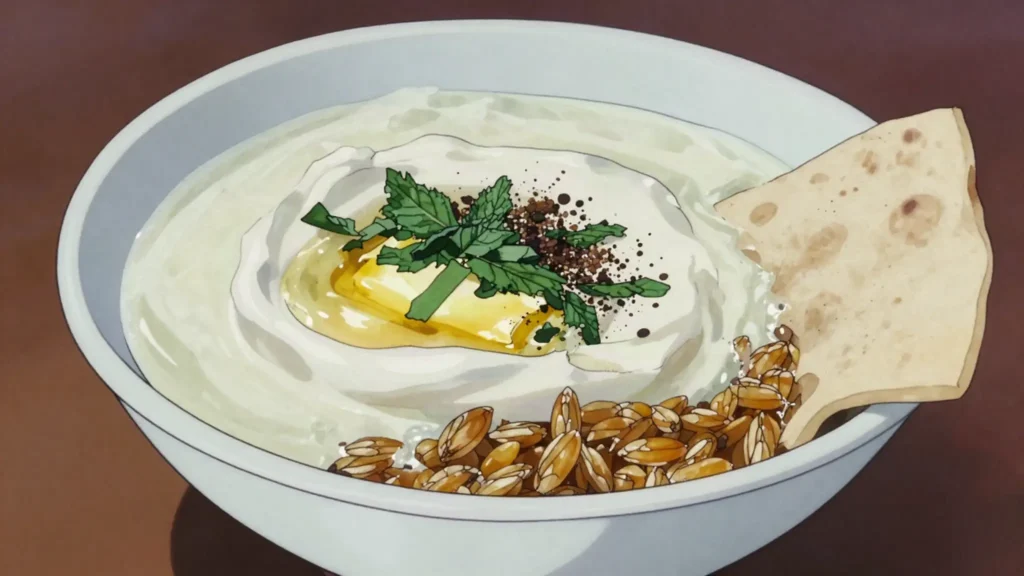 Spas, warm yogurt soup with wheat and mint, Armenia soup & stew, anime style
