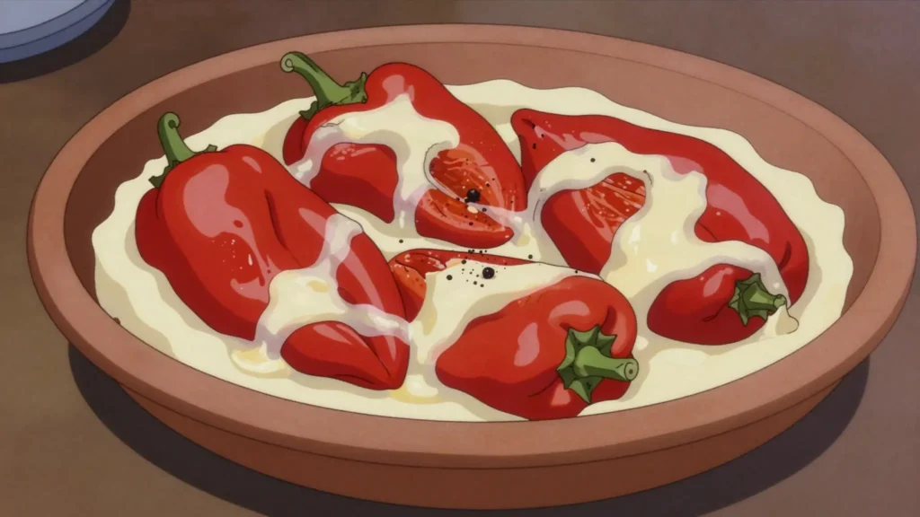 Speca me mazë, roasted peppers simmered in rich clotted cream, Kosovo main, anime style