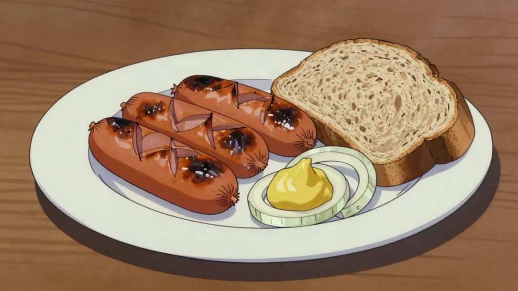 Špekáčky, fat pork sausage scored and roasted over a campfire with bread and, Czechia charcuterie & cured, anime style