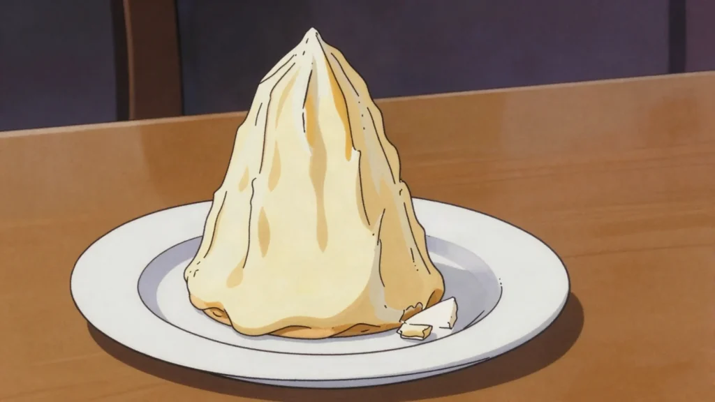 Spettekaka, tall lacy cone of egg and sugar batter roasted on a spit, Sweden dessert, anime style