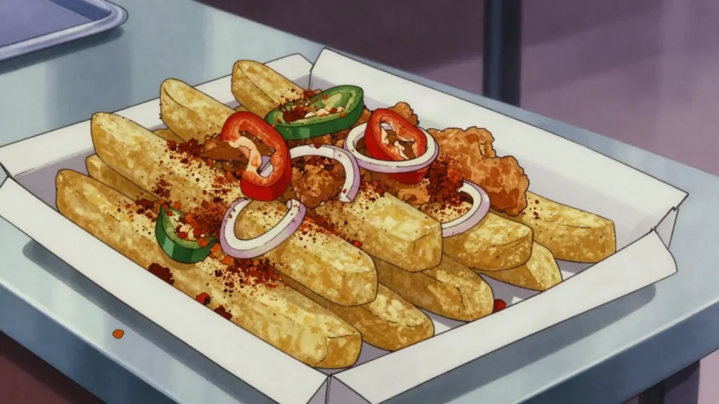 Spice bag, chips, shredded fried chicken, peppers and spice tossed in a takeaway bag, Ireland street food, anime style