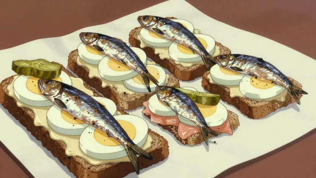 Sprat sandwich, spiced Baltic sprat fillets on dark rye with egg, Estonia snack, anime style