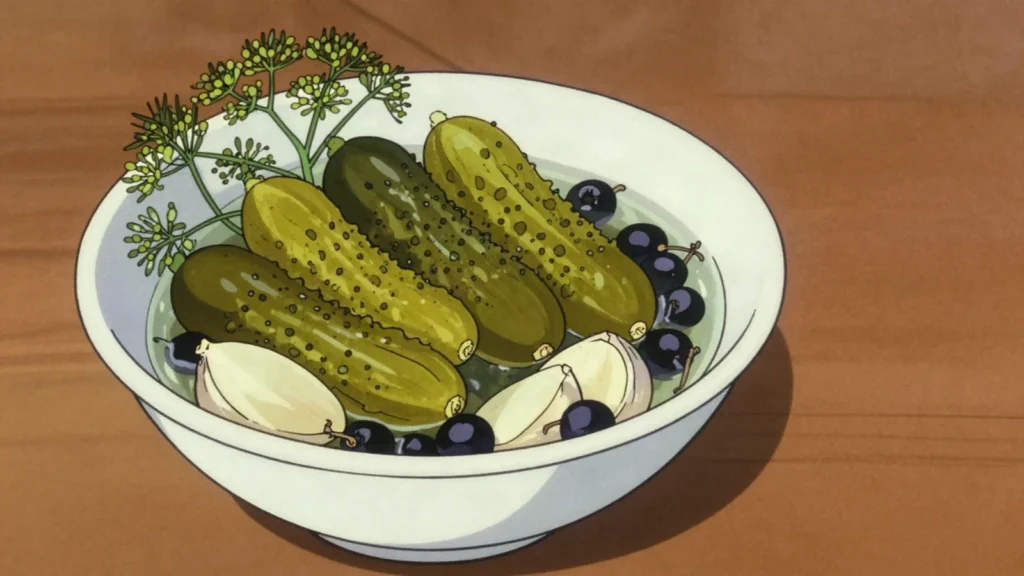 Spreewald gherkins, crisp brined cucumbers with dill and horseradish, eaten, Germany fermented & pickled, anime style