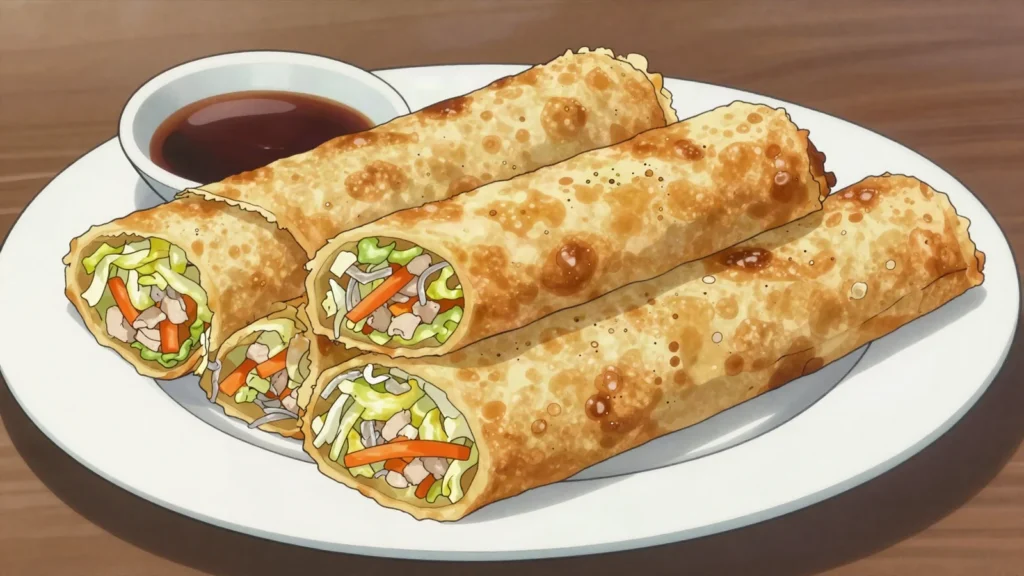 Spring Rolls, crisp fried rolls filled with shredded vegetables and pork, China snack, anime style