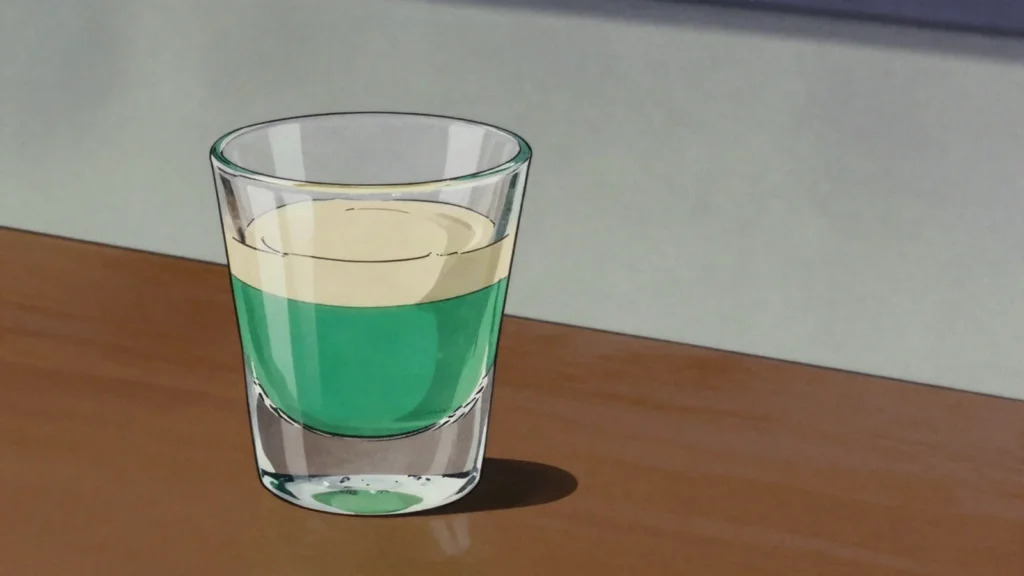 Springbokkie, layered shooter of green peppermint liqueur under cream liqueur, South Africa cocktail, anime style