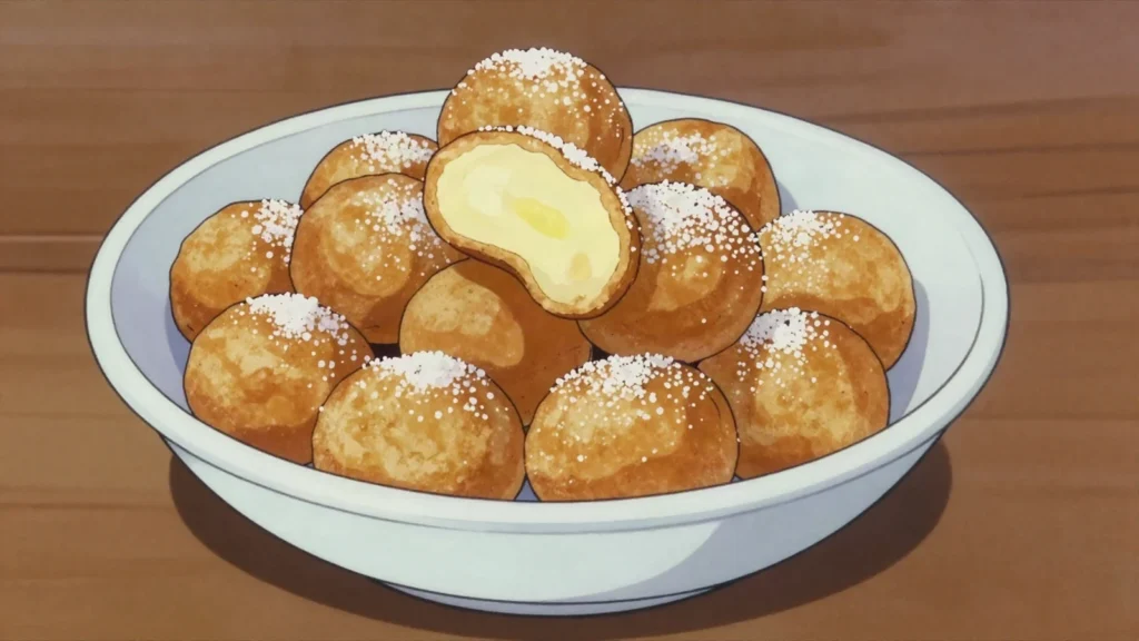 Spurgos, curd or yeast doughnuts fried and rolled in sugar, Lithuania dessert, anime style