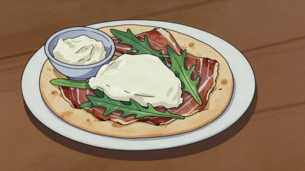 Squacquerone, very soft, tangy fresh cow's cheese spread on warm piadina, San Marino cheese & dairy, anime style