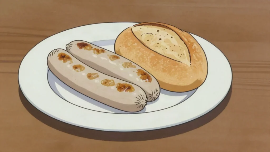 St. Galler Bratwurst, pale veal sausage grilled and eaten in the hand with, Switzerland charcuterie & cured, anime style