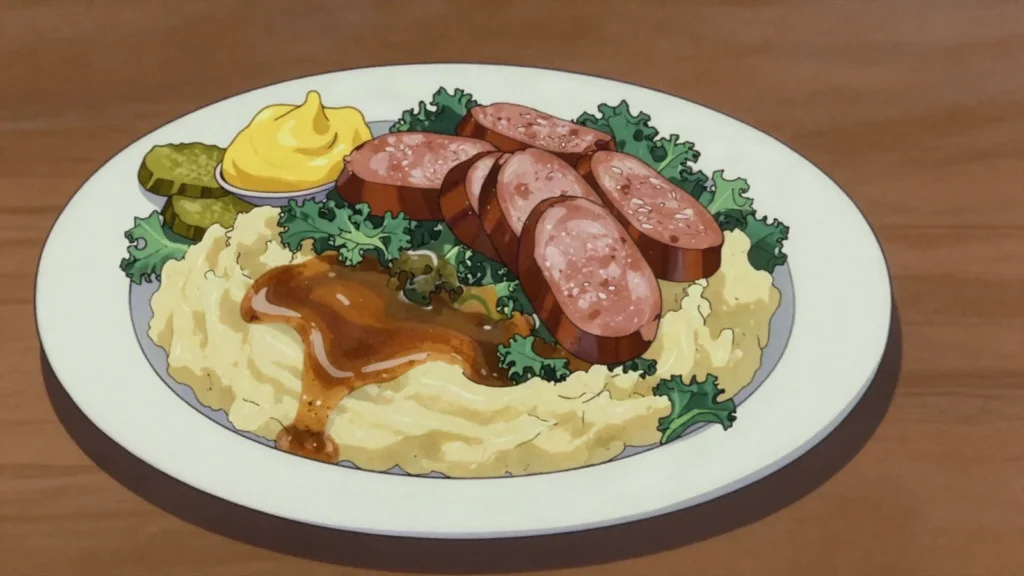 Stamppot, potatoes mashed with kale or sauerkraut, smoked sausage on top, Netherlands main, anime style