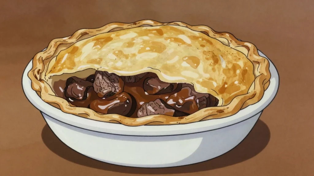 Steak and kidney pie, beef and kidney in rich gravy baked in pastry, United Kingdom main, anime style