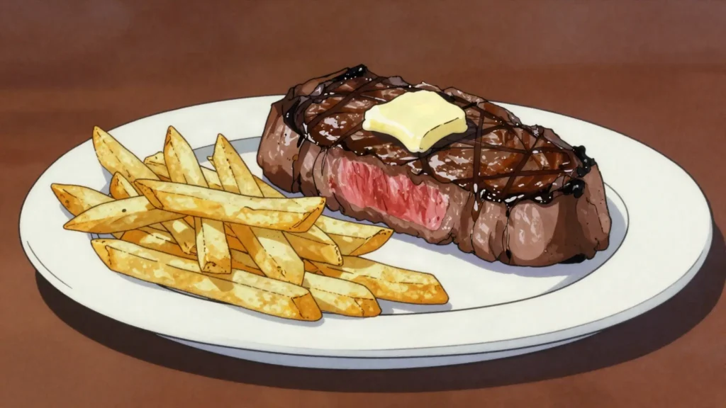 Steak frites, seared steak with crisp fries, the bistro standard, France main, anime style