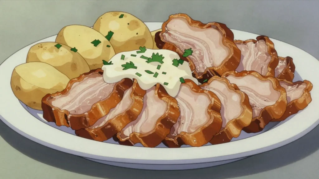 Stegt flæsk, crisp pork belly slices, parsley sauce, potatoes; voted national dish, Denmark main, anime style
