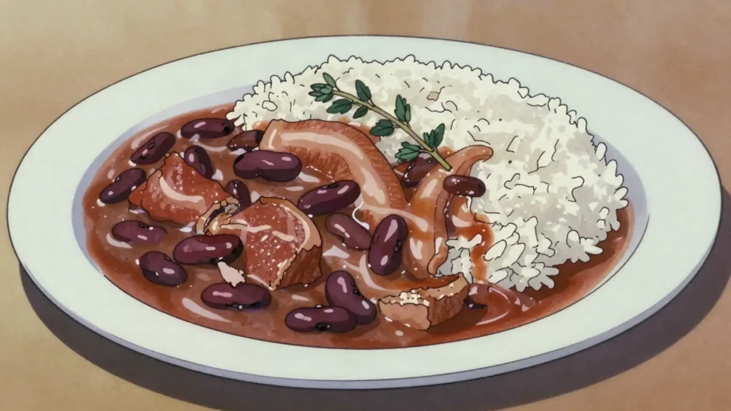 Stew peas, red peas cooked in coconut milk with pig's tail and flour dumplings, Jamaica soup & stew, anime style