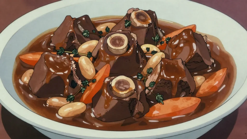 Stewed oxtail, oxtail braised with butter beans and thyme, Jamaica main, anime style