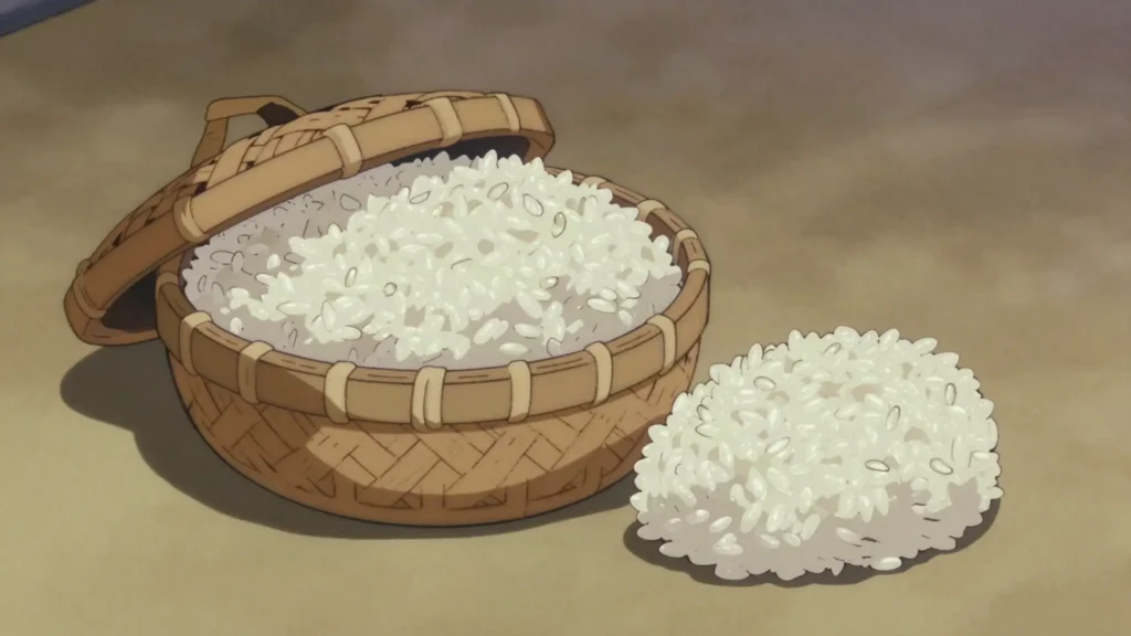 Sticky Rice, steamed glutinous rice rolled by hand, the true Lao staple, Laos salad & side, anime style