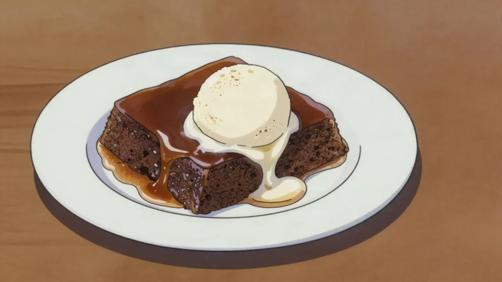 Sticky toffee pudding, date sponge drenched in toffee sauce, served hot, United Kingdom dessert, anime style