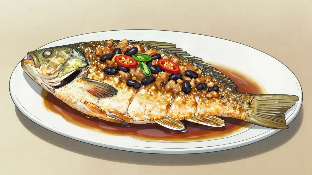 Stinky Mandarin Fish, anhui river fish lightly fermented until pungent, then pan-fried with pork, China main, anime style