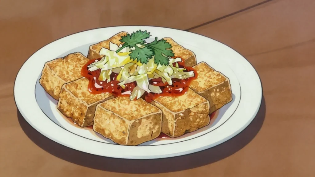 Stinky Tofu, pungent fermented tofu deep-fried, served with pickled cabbage and chili, Taiwan street food, anime style