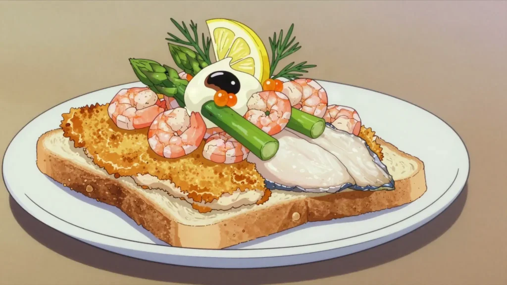 Stjerneskud, open sandwich of fried and steamed plaice with shrimp, asparagus and caviar, Denmark main, anime style