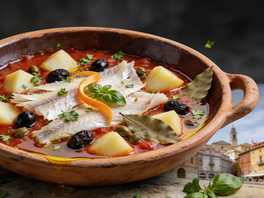 Stocafi, stockfish stewed with tomatoes, olives and brandy, Monaco main, anime style