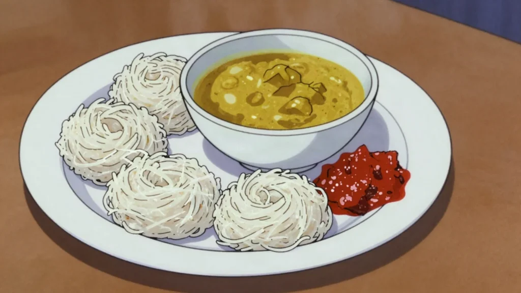 String Hoppers, steamed rice-noodle nests with dhal curry and coconut sambol, Sri Lanka breakfast, anime style