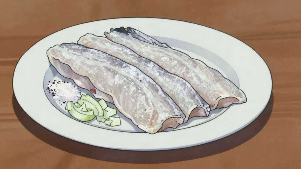 Stroganina, shavings of frozen raw fish dipped in salt and pepper, Russia main, anime style