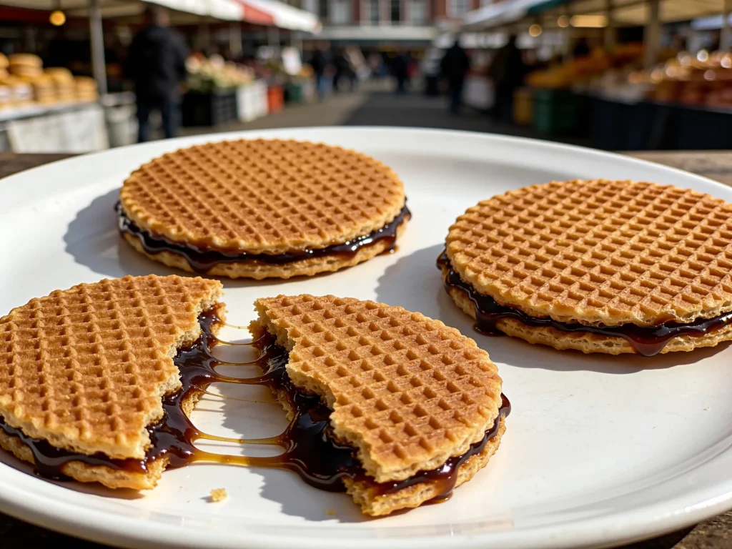 Stroopwafel, thin waffle discs sandwiching warm caramel syrup, Netherlands snack, anime style