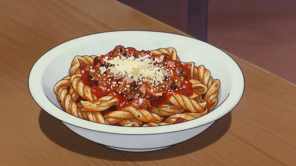 Strozzapreti, hand-rolled twisted pasta of Romagna, served with ragù or vegetables, San Marino main, anime style
