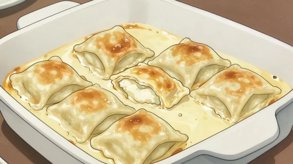 Štrukli, zagorje dough parcels of cottage cheese, boiled or baked, Croatia main, anime style