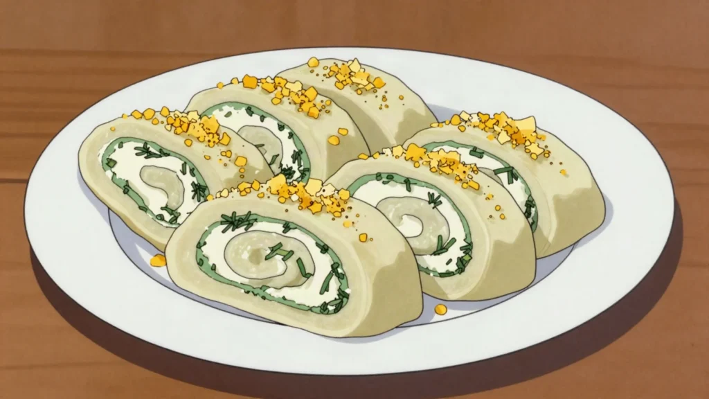 Štruklji, rolled dough dumplings with cottage cheese, walnut or tarragon, Slovenia main, anime style