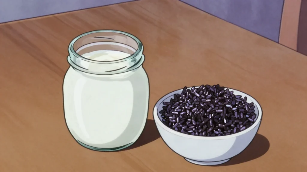 Sua Chua, set yoghurt of condensed milk, eaten frozen or with black sticky rice, Vietnam cheese & dairy, anime style