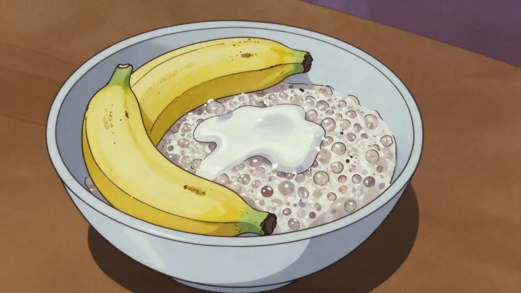 Suafa'i, ripe banana porridge thickened with tapioca and coconut cream, Samoa breakfast, anime style
