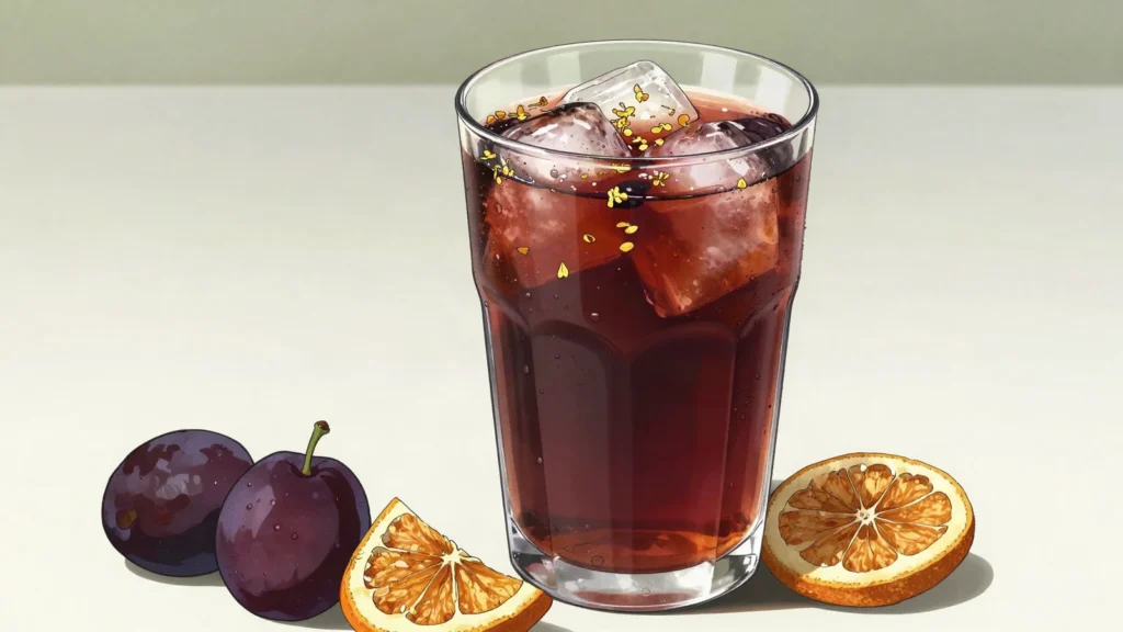 Suanmeitang, chilled smoked-plum and osmanthus infusion, sour-sweet; the classic summer cooler, China drink, anime style