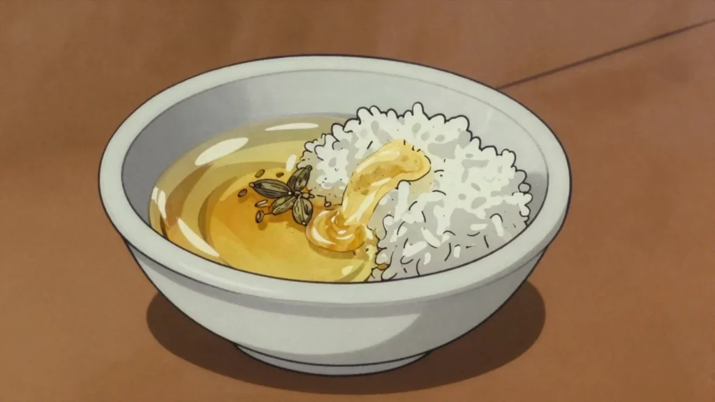 Subag, clarified butter, often camel or goat, poured over rice and used to preserve meat, Somalia cheese & dairy, anime style